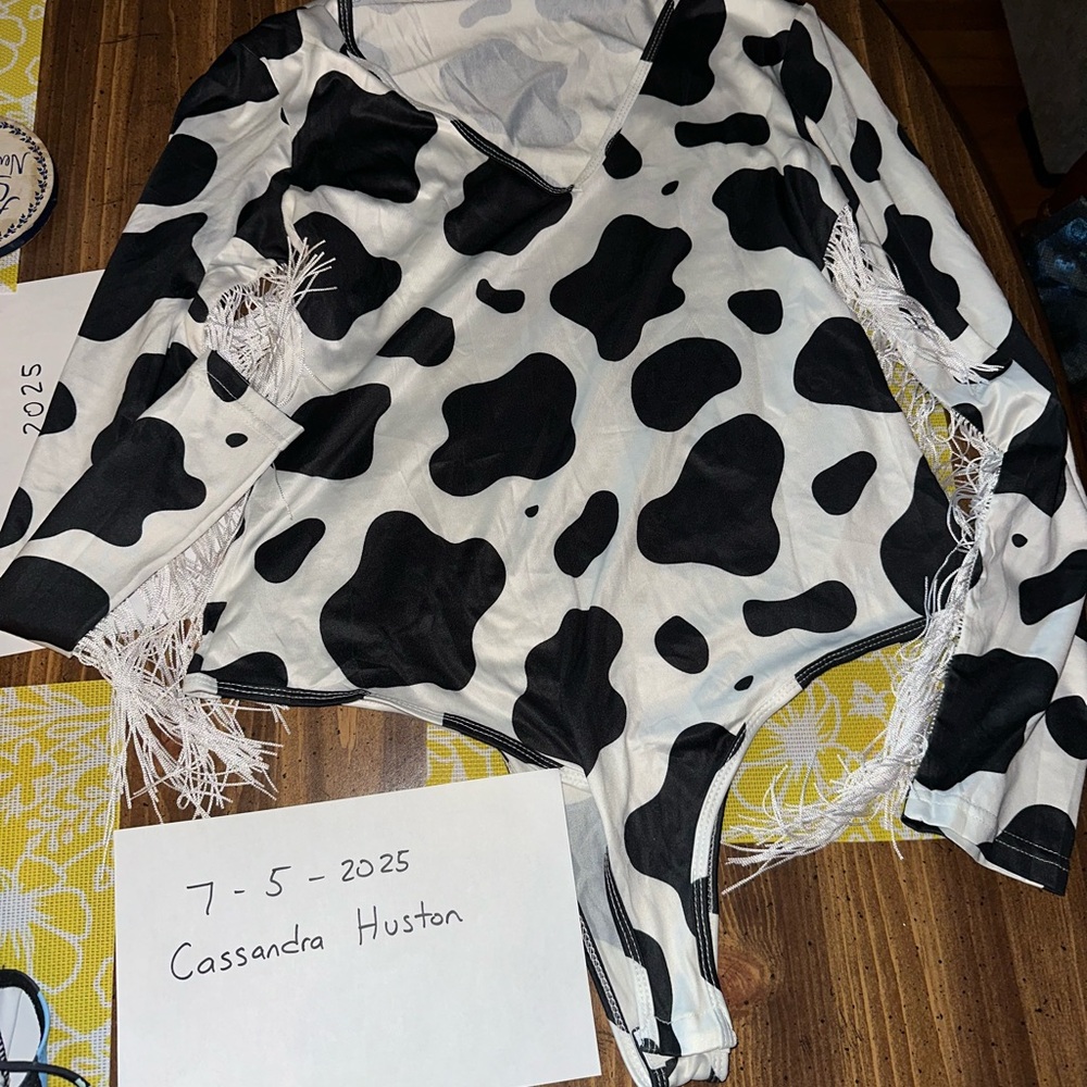 Amazon Fringe Trim V Neck Cow Print Long Sleeve Bodysuit